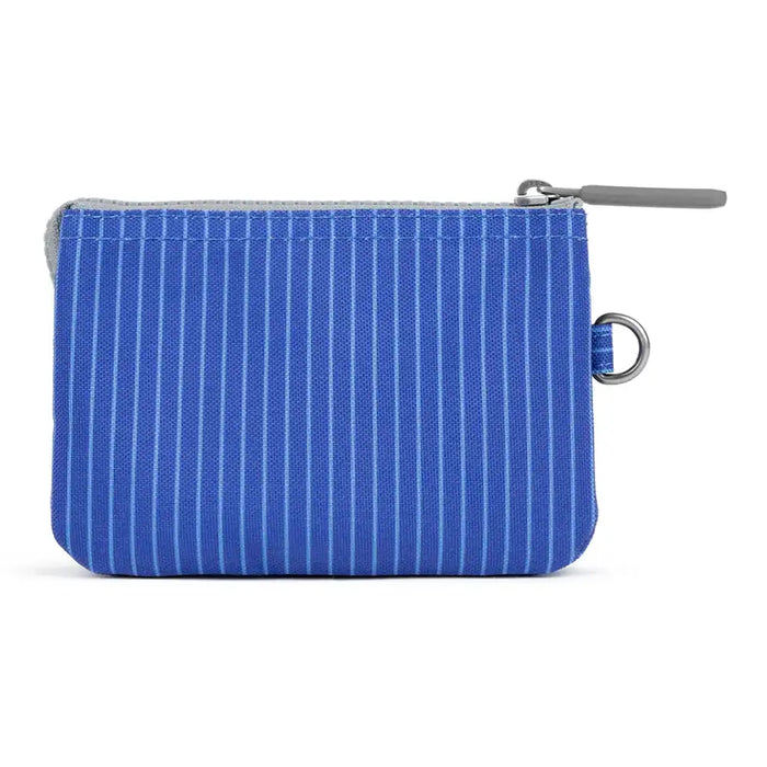 Blue striped pouch with a zipper on a white background