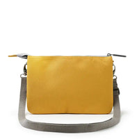 Yellow crossbody bag with a gray strap on a white background