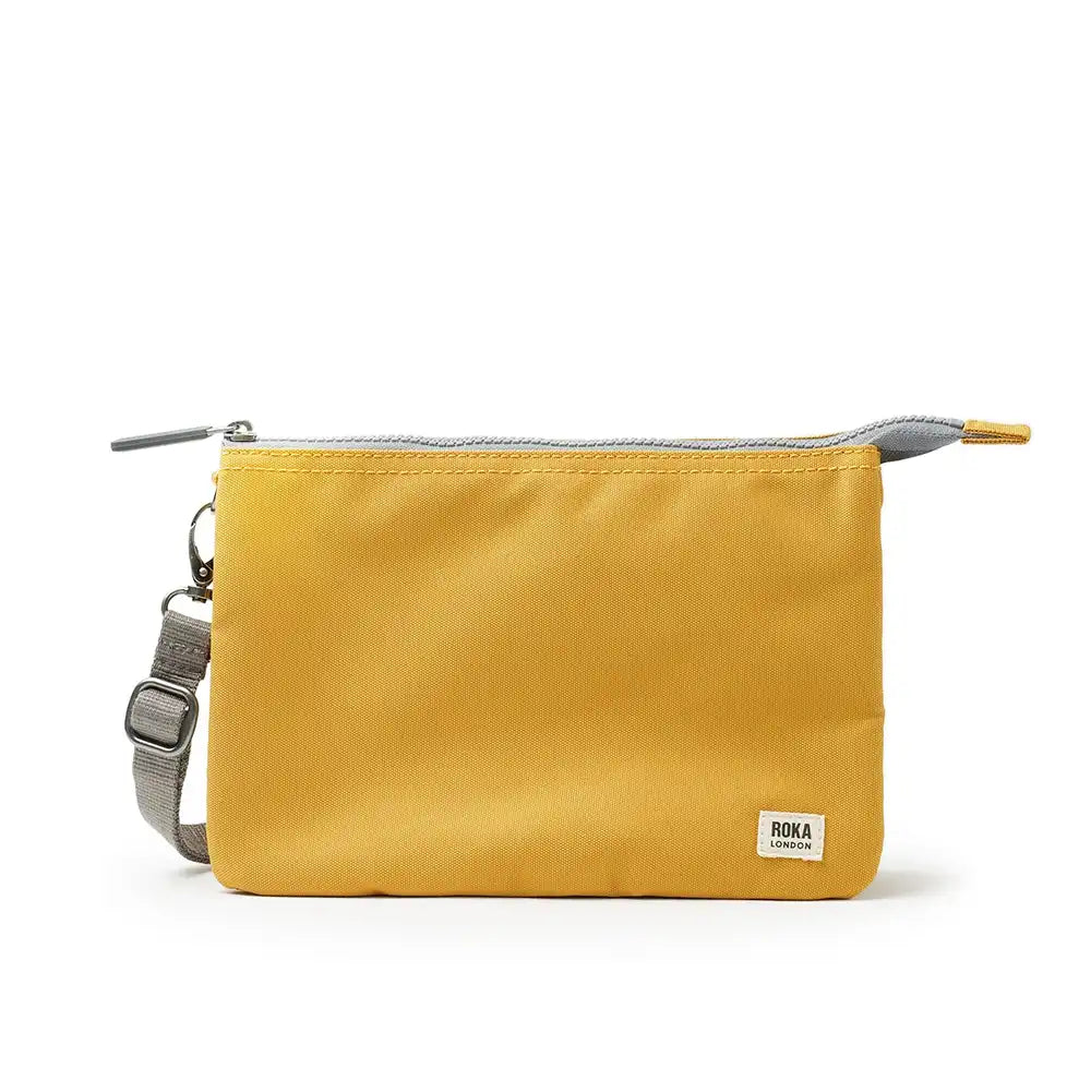 Yellow pouch with a gray strap on a white background