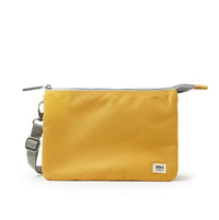 Yellow pouch with a gray strap on a white background
