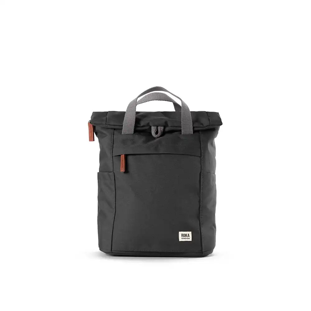 Black backpack with gray handle on a white background