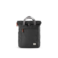 Black backpack with gray handle on a white background