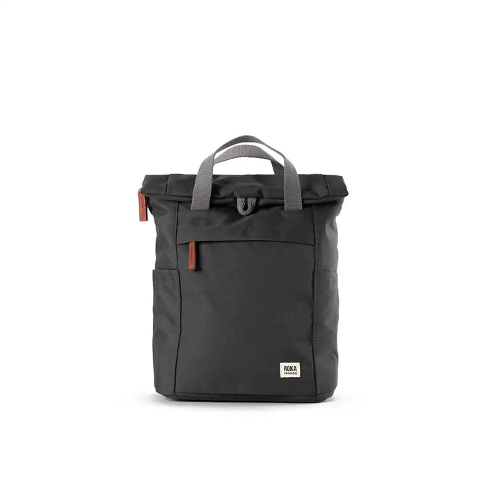 Black backpack with gray handle on a white background