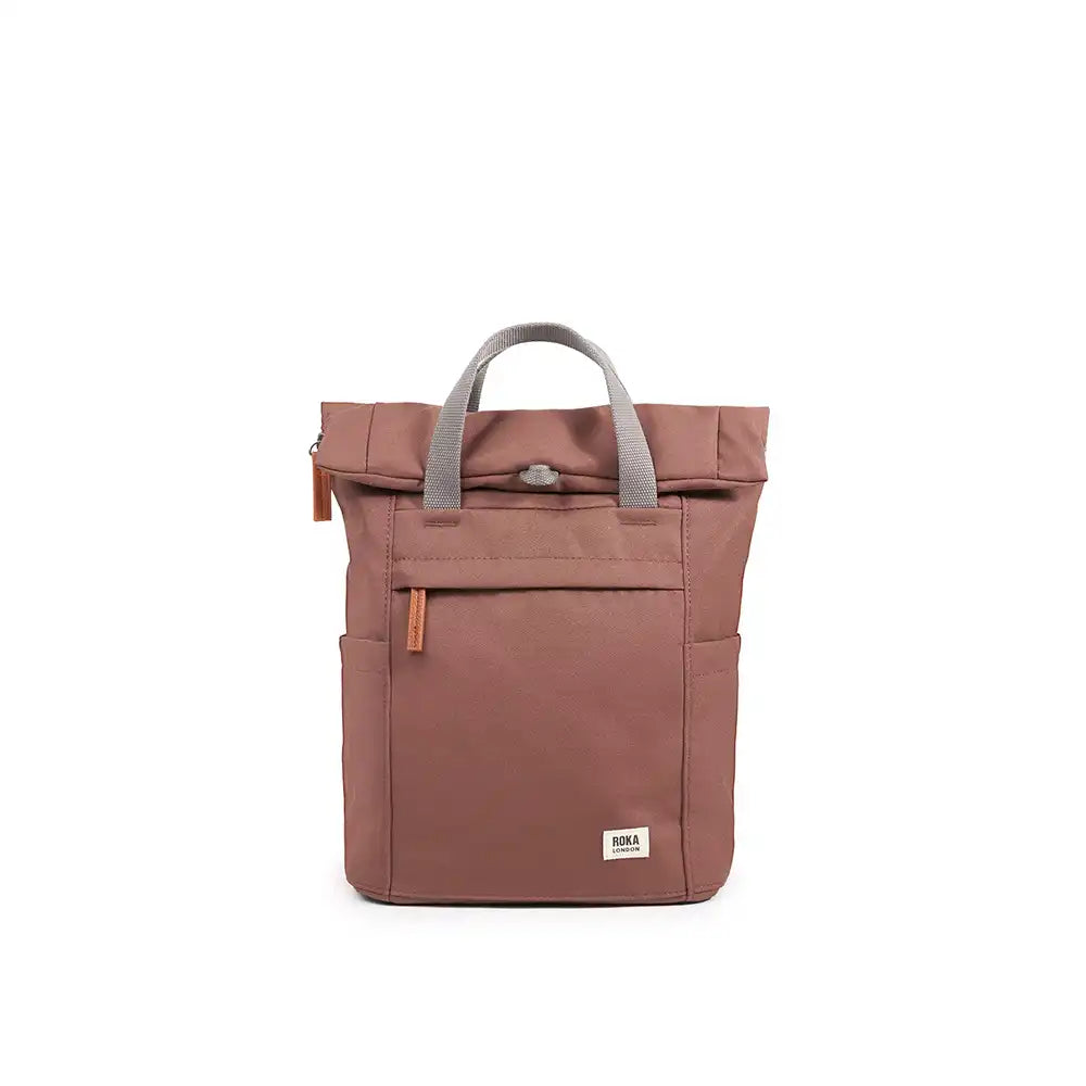 Brown backpack with gray handle on a white background
