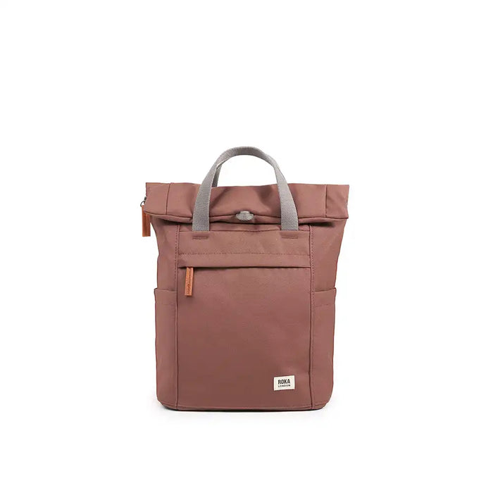 Brown backpack with gray handle on a white background