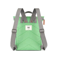 Green backpack with gray straps on a white background