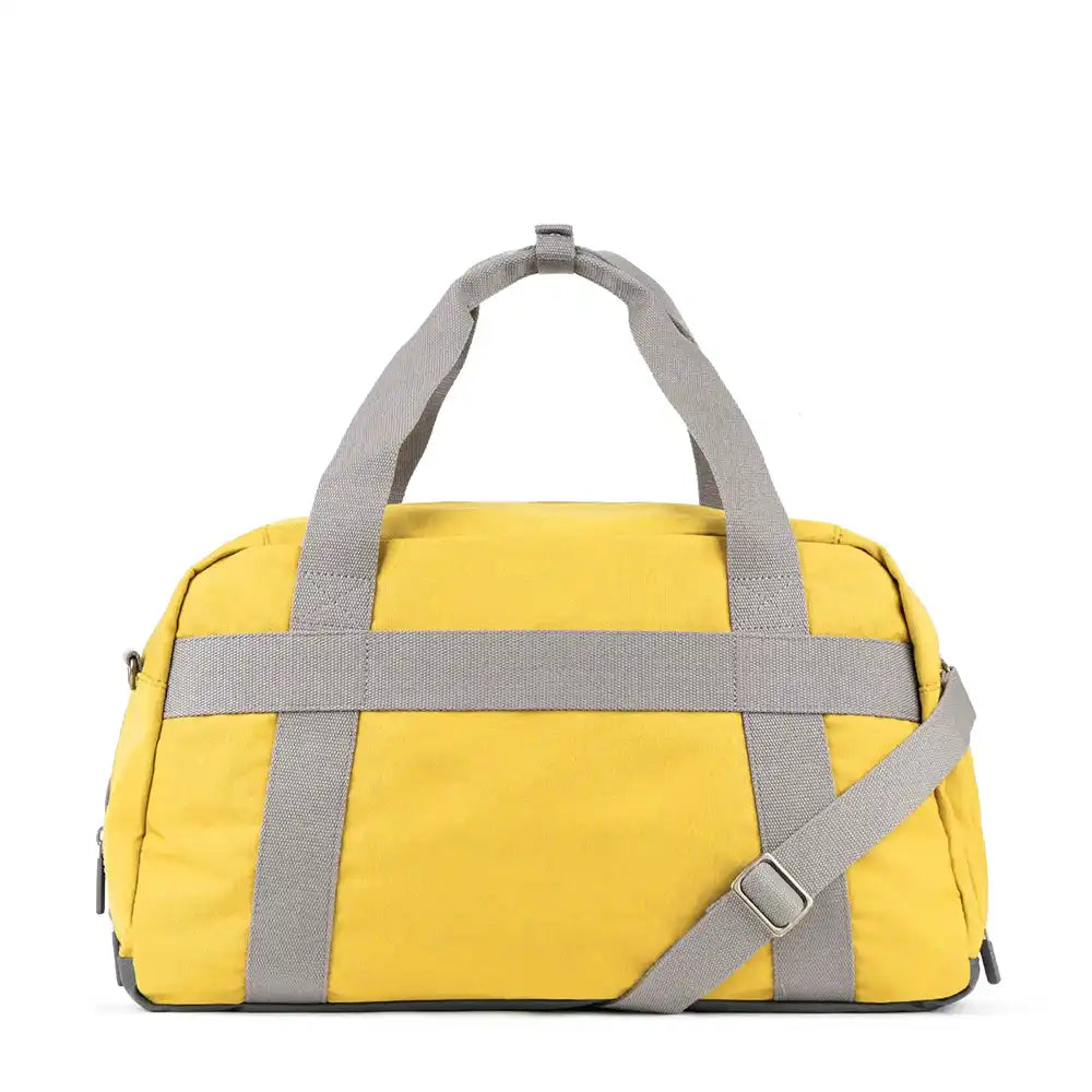 Yellow duffel bag with gray straps on a white background