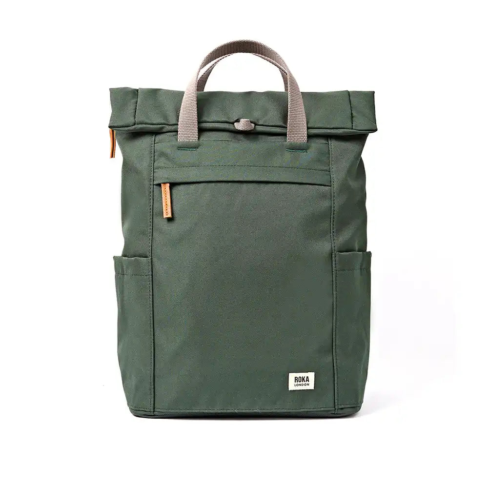 An dark green roll-top backpack with grey handles and small orange-brown leather accents, shown against a plain white background.