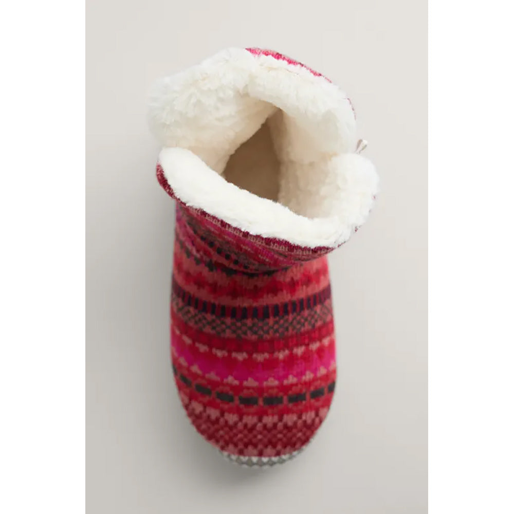 Seasalt Cornwall red patterned bootie style slippers. Top view showing deep fleecy interior.