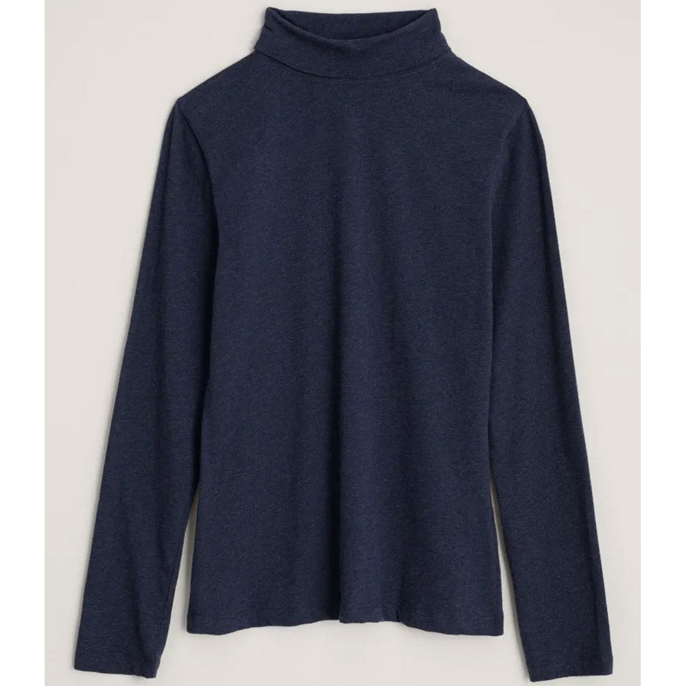 Seasalt Cornwall long sleeve roll neck top in maritime blue. Flat view. 