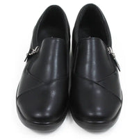 Black low heeled shoes with side short zips. Front view.