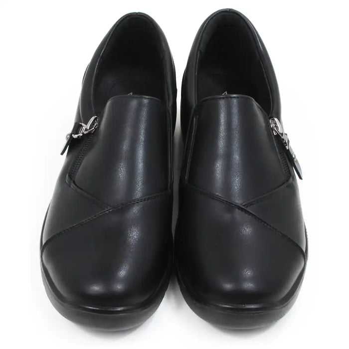 Black low heeled shoes with side short zips. Front view.