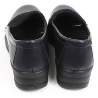 Shoe Tree Irene navy leather look shoes. Slip on with silver insoles. Low heels. Back view.