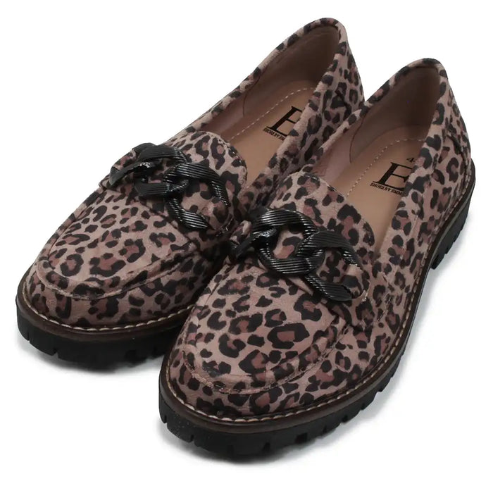 Leopard print loafers with black chunky chains on a white background