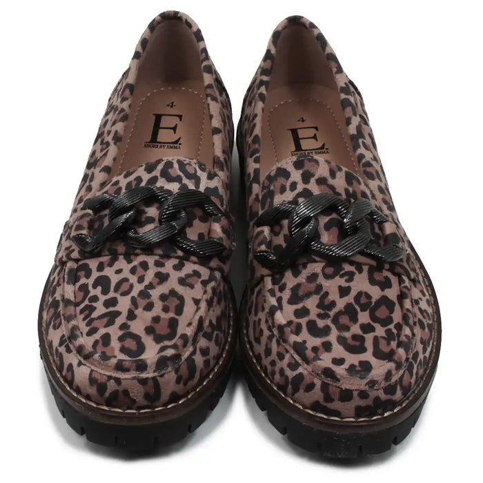 Leopard print loafers with black chunky chains on a white background