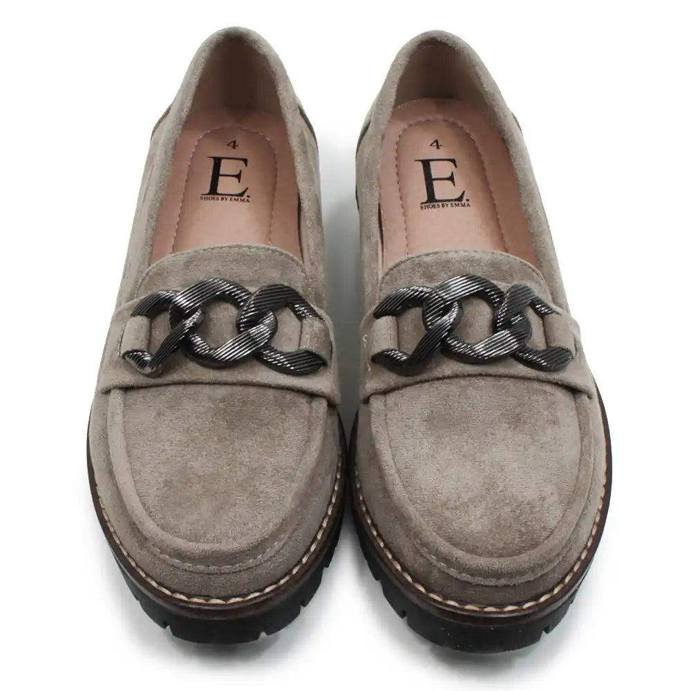 Pair of gray loafers with chain details on a white background