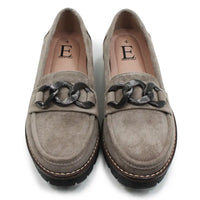 Pair of gray loafers with chain details on a white background
