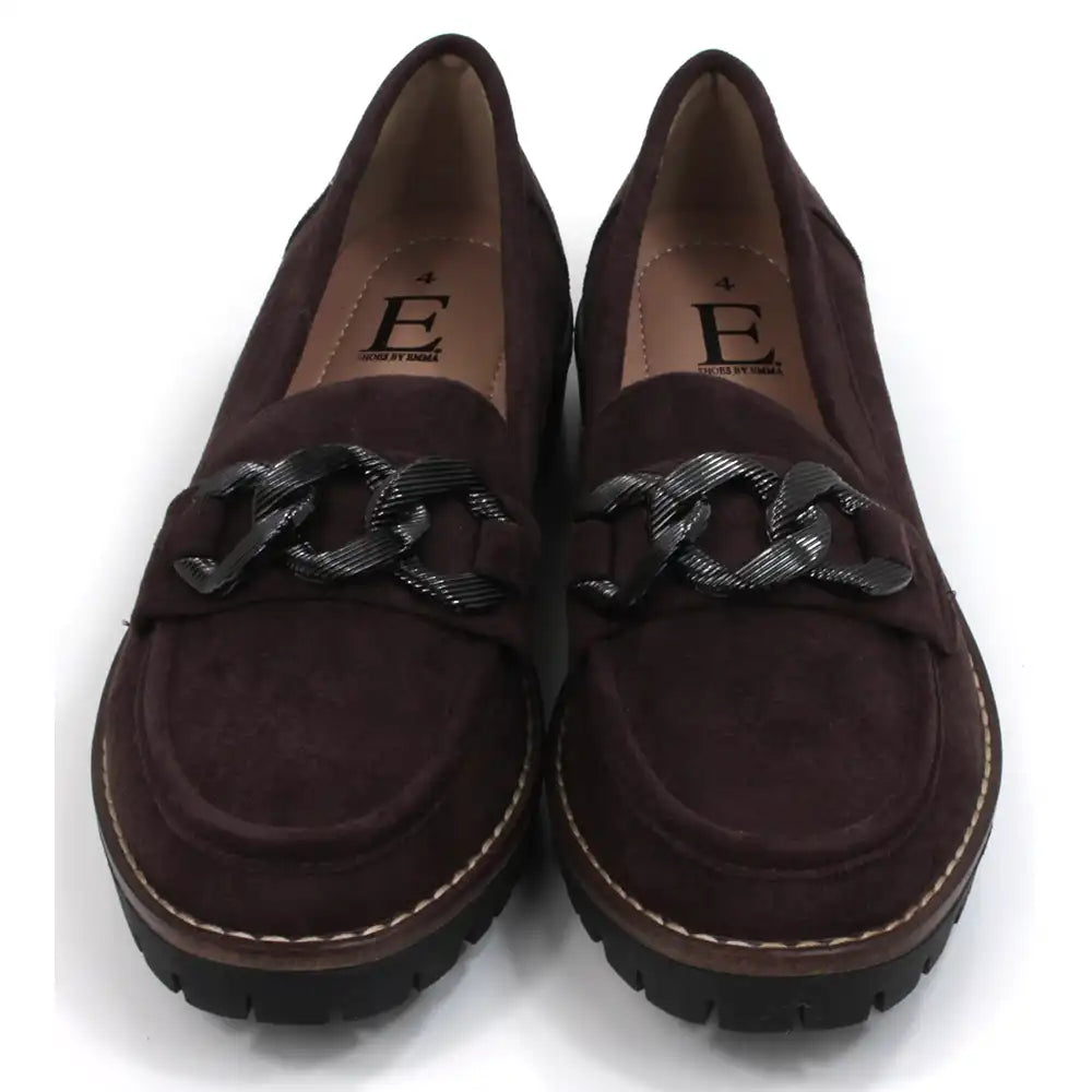 Pair of brown loafers with black decorative accents on a white background. Front view.