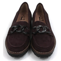 Pair of brown loafers with black decorative accents on a white background. Front view.