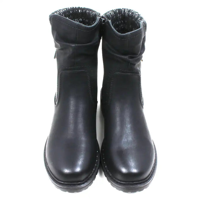 Black leather look ankle boots with grey and white knitted ankle cuffs. Low heels. Front view.