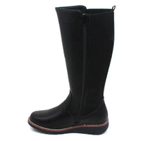 Shoes by Emma long length boots with low wedge soles. Black man made leather look materials. Elasticated panel down the back.  Zip fastening. View of a single boot showing the zip extending down the entire boot.