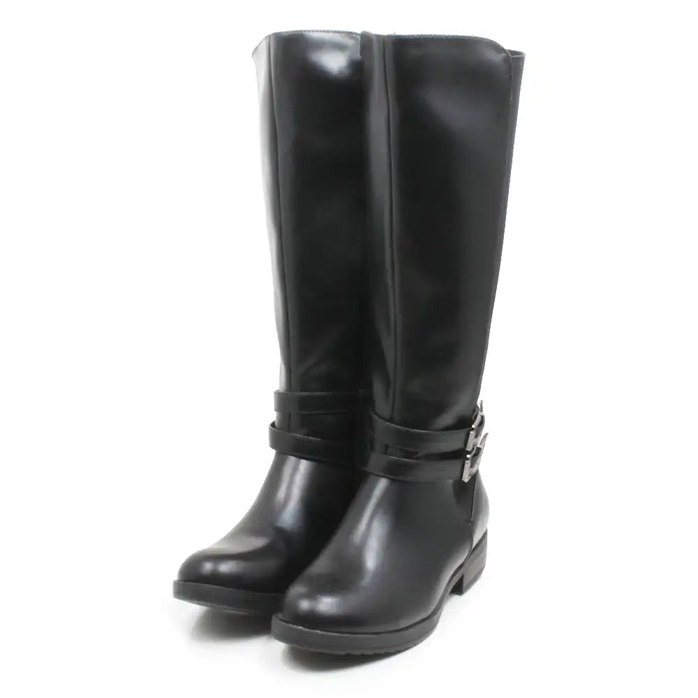 A pair of black leather knee-high boots with a buckle strap detail around the ankle, shown against a plain white background.