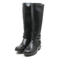 A pair of black leather knee-high boots with a buckle strap detail around the ankle, shown against a plain white background.
