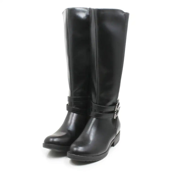 A pair of black leather knee-high boots with a buckle strap detail around the ankle, shown against a plain white background.