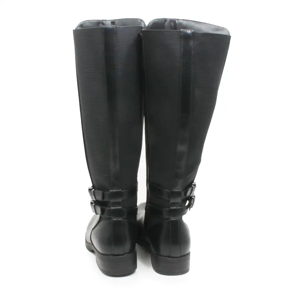 A pair of black knee-high boots with buckle straps at the ankle, shown from the back against a plain white background.
