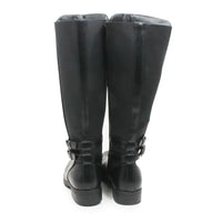 A pair of black knee-high boots with buckle straps at the ankle, shown from the back against a plain white background.