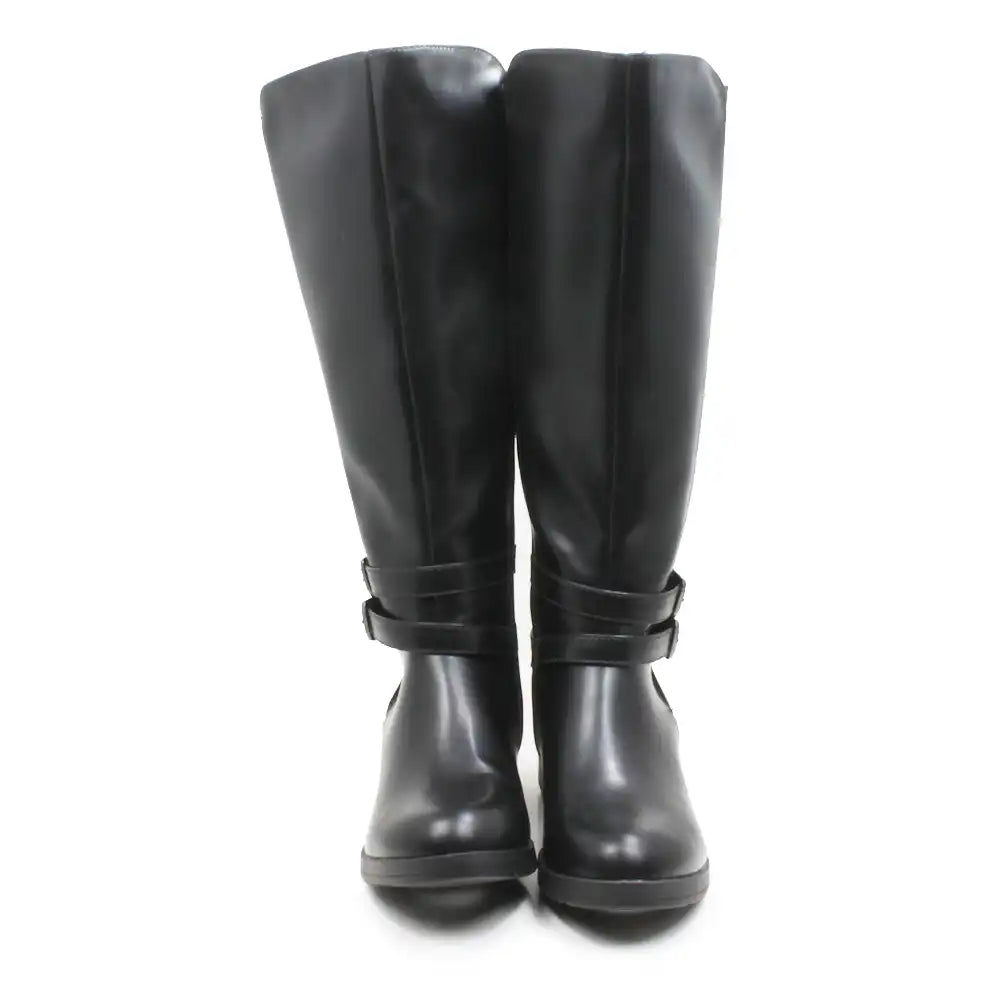A pair of black leather knee-high boots with a strap detail around the ankle, shown from the front on a white background.