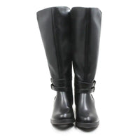 A pair of black leather knee-high boots with a strap detail around the ankle, shown from the front on a white background.