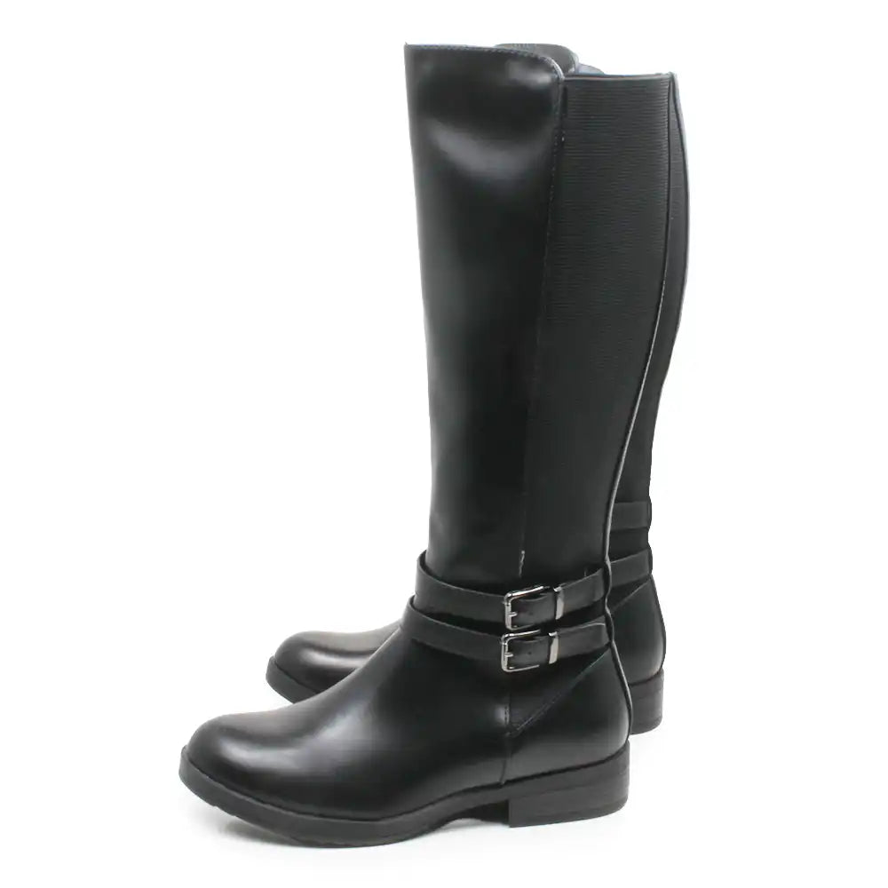 A pair of black knee-high leather boots with double buckle straps around the ankle, shown from a side profile on a white background.