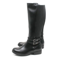 A pair of black knee-high leather boots with double buckle straps around the ankle, shown from a side profile on a white background.