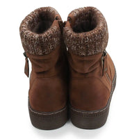 A pair of brown ankle-height winter boots with a thick, textured brown and beige knit collar, side zippers, and dark brown ridged soles, shown from a rear three-quarter view on a white background.