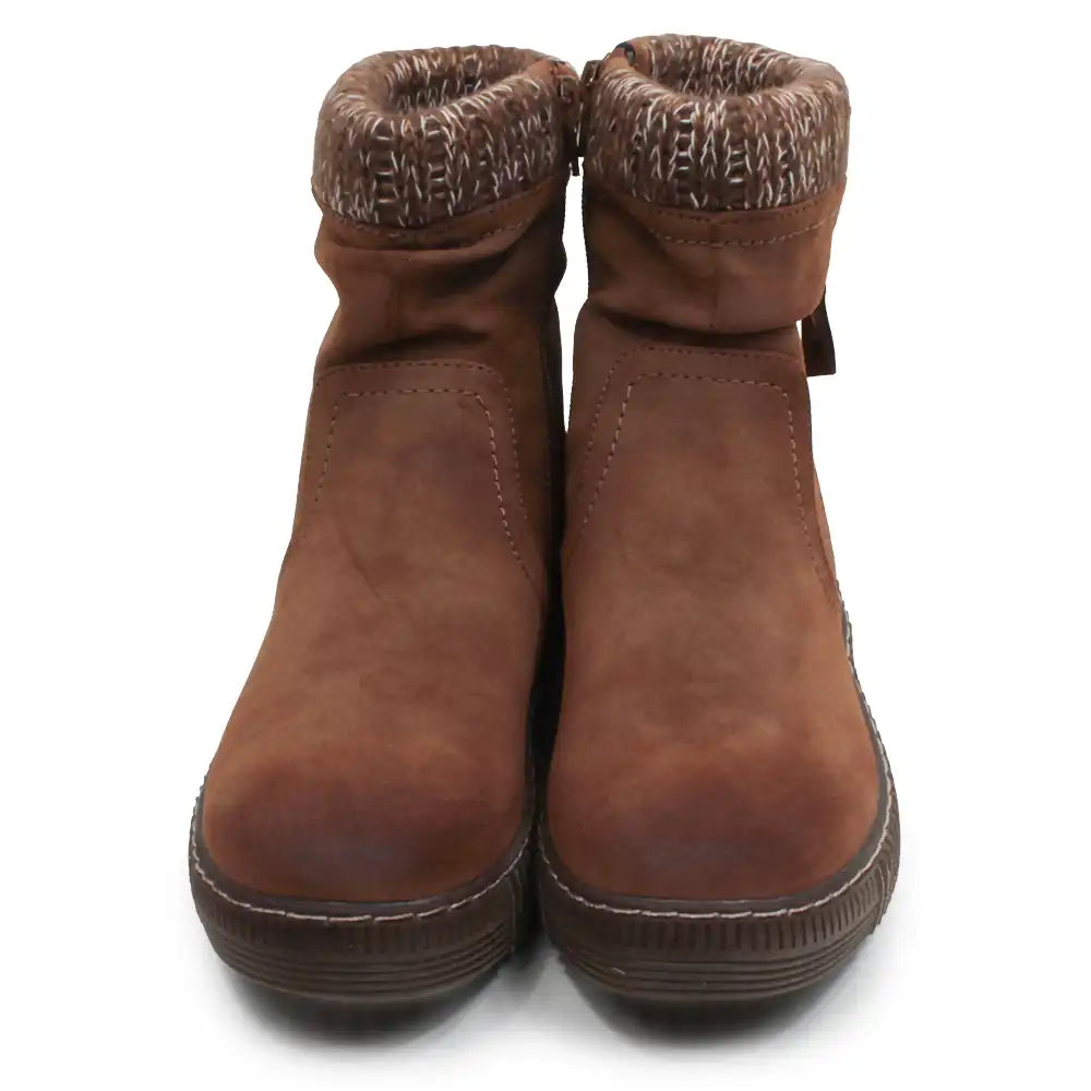 A pair of brown suede ankle boots with a fuzzy knit trim around the collar, shown from the front on a white background.