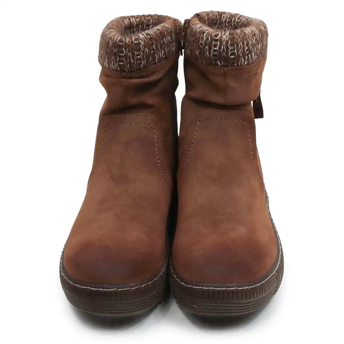 A pair of brown suede ankle boots with a fuzzy knit trim around the collar, shown from the front on a white background.