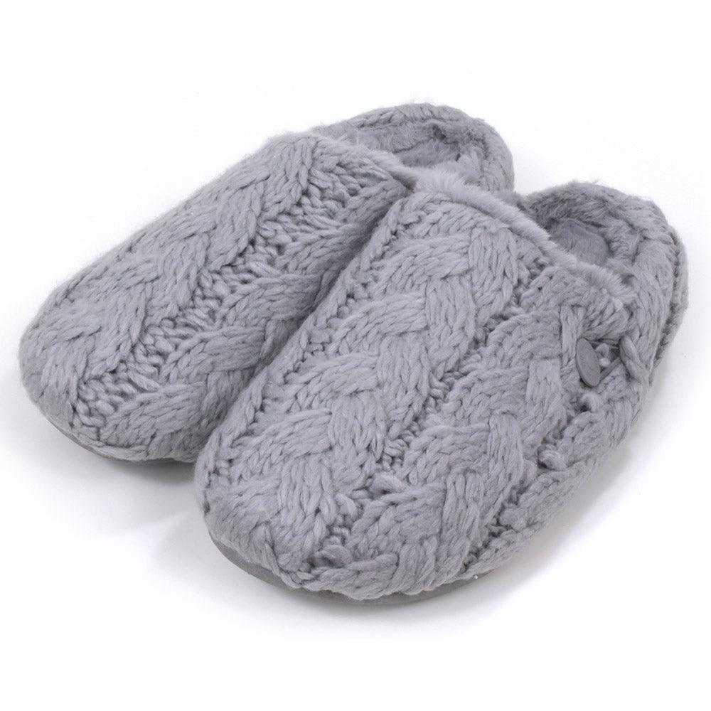 Shu Da Helena slippers. Chunky cable knitted design. Mule open backs. Angled view.