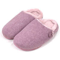 Shu Da Helena slippers. Pink herringbone fabric design. Mule open backs, insides are pink fur. Angled view.