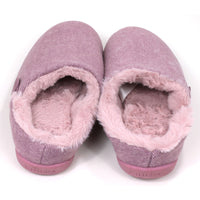 Shu Da Helena slippers. Pink herringbone fabric design. Mule open backs, insides are pink fur. Back view.