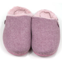 Shu Da Helena slippers. Pink herringbone fabric design. Mule open backs, insides are pink fur. Front view.