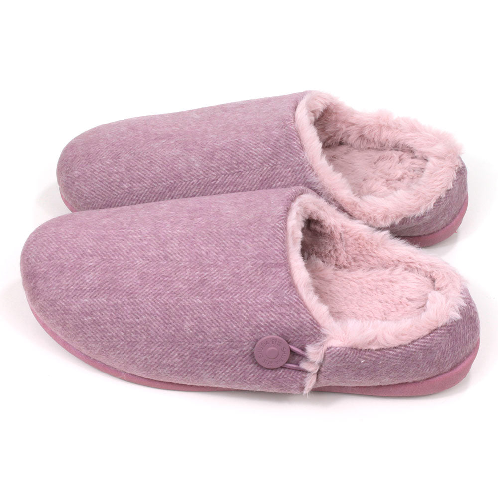 Shu Da Helena slippers. Pink herringbone fabric design. Mule open backs, insides are pink fur. Side view.