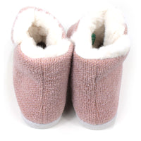 Shu Da Jenny ankle booties slippers. Pink knitted. White furry lining. Back view.