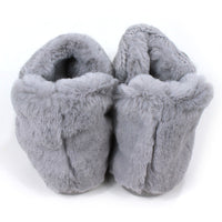 Shu Da Jenny bootie slippers. Grey knitted design. Grey furry lining and back. Back view.