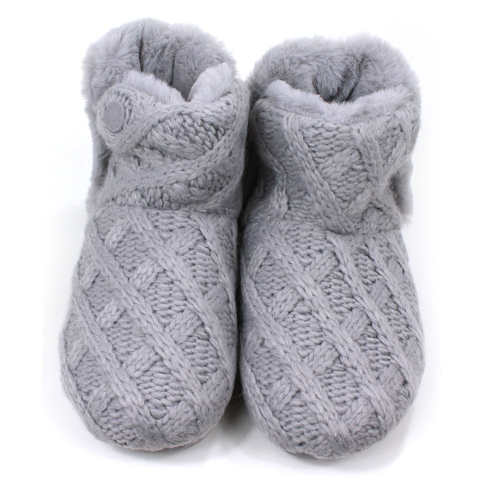 Shu Da Jenny bootie slippers. Grey knitted design. Grey furry lining and back. Front view.