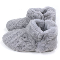 Shu Da Jenny bootie slippers. Grey knitted design. Grey furry lining and back. Side view.