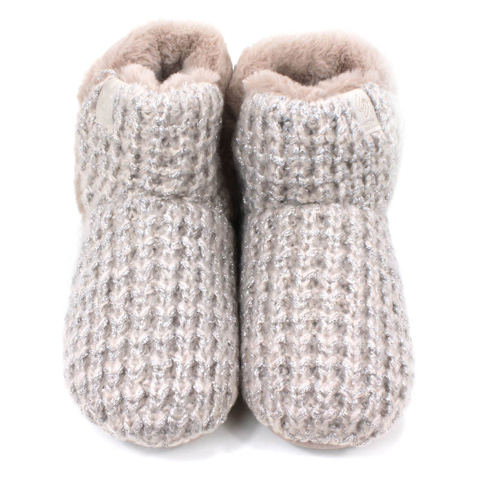 Shu Da Jenny bootie slippers. Beige and sparkle glitter design. Beige furry lining and back. Front view.