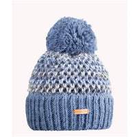 Blue knitted beanie with pom-pom on a white background