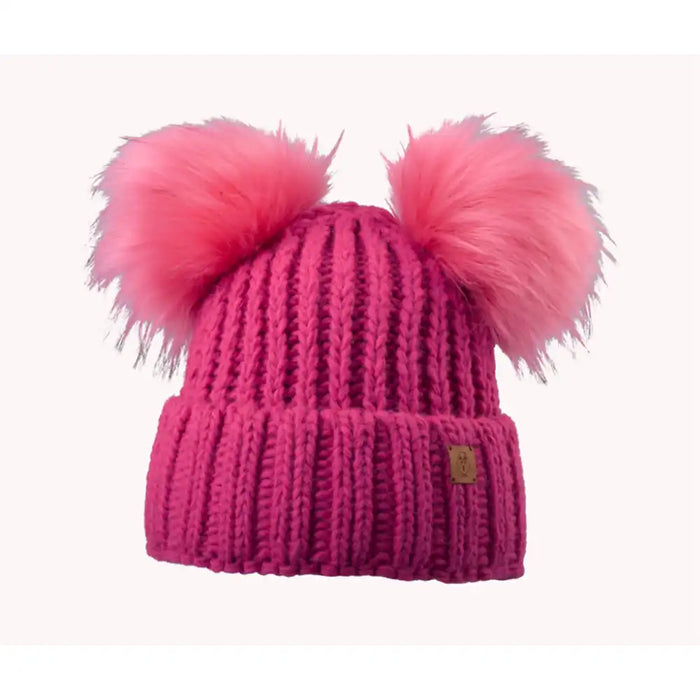 Pink knit beanie with two large pink fur pom-poms on a white background