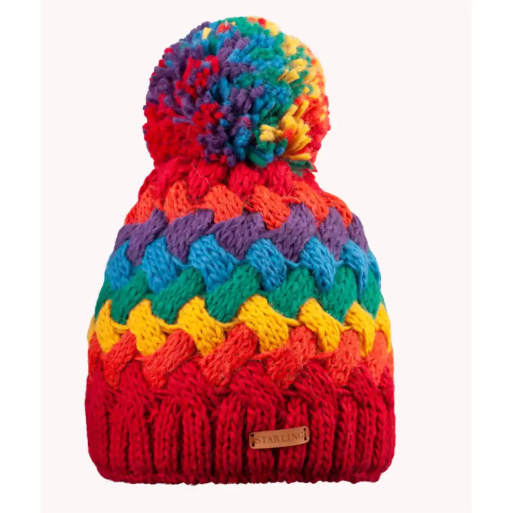 Colorful knitted beanie with a pom-pom on a white background